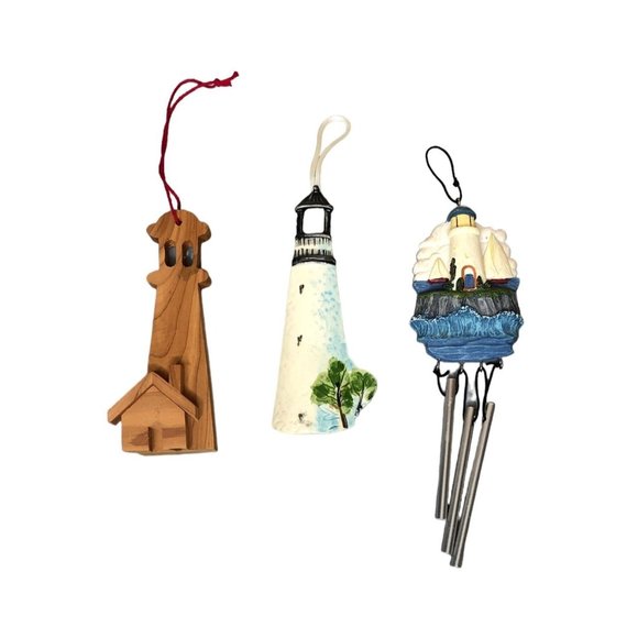 Lighthouse Decor Lot of 3 Chimes Ornaments Wooden Ceramic Blue Green Nautical - Picture 1 of 5